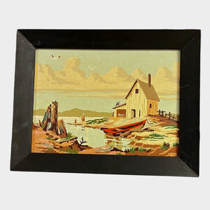 Paint By Numbers Boat and Beach Vintage Framed No Glass 50s 60s Retro Kitsch Art